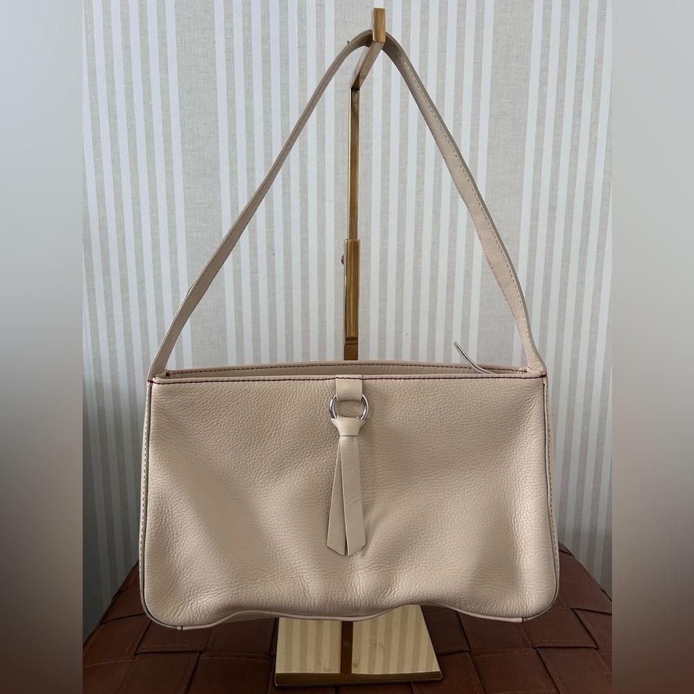 Ann Taylor Vintage Genuine Leather Handbag Cream w/Contrast Red Stitching